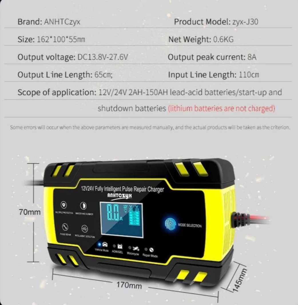 Carregador de bateria inteligente auto / motos 12 V a 24 V ( NOVO )