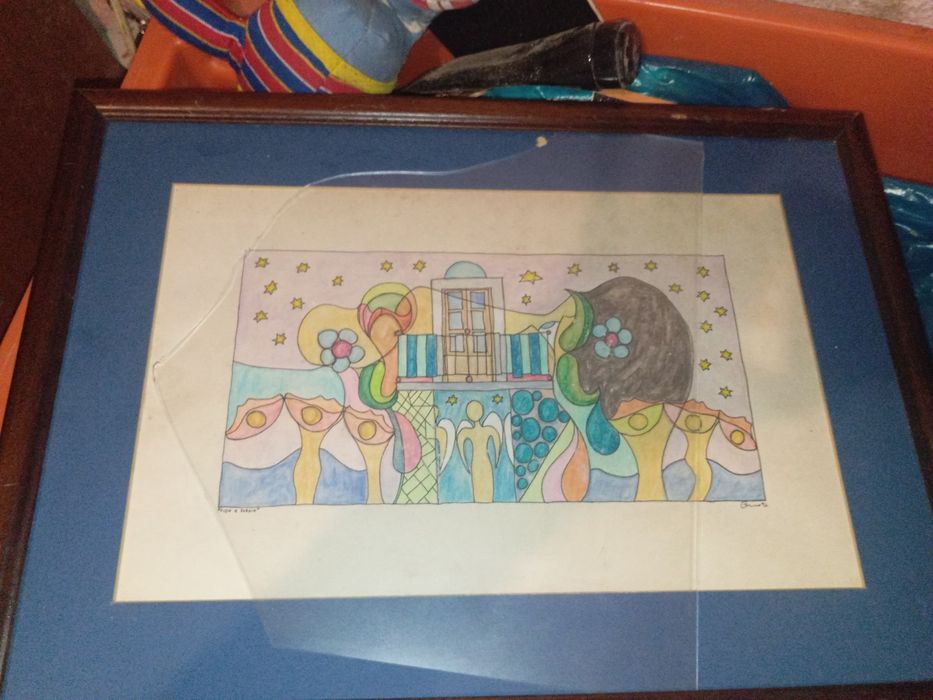 Pintura desenho assinado metade do vidro lá  ao consigo tirar