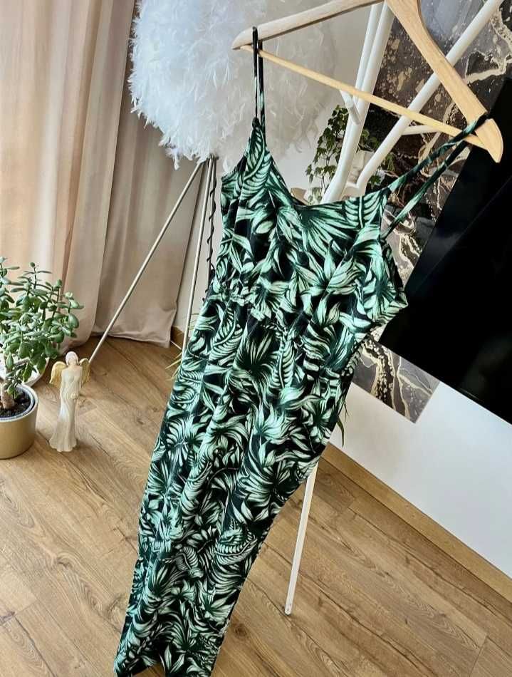 H&M sliczna dluga zielona sukienka w kwiaty L