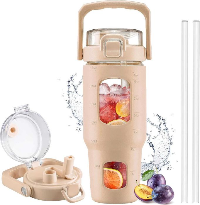 HYDRAGLAZIC Szklana butelka na wodę 960ml z pokrywką słomką