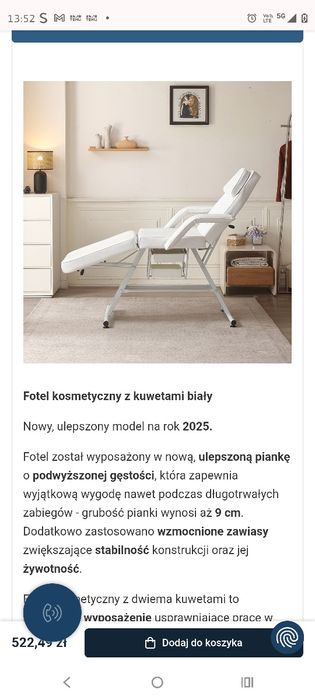 Fotel kosmetyczny z kuwetami biały łóżko leżanka SPA tatuaż tattoo Ver