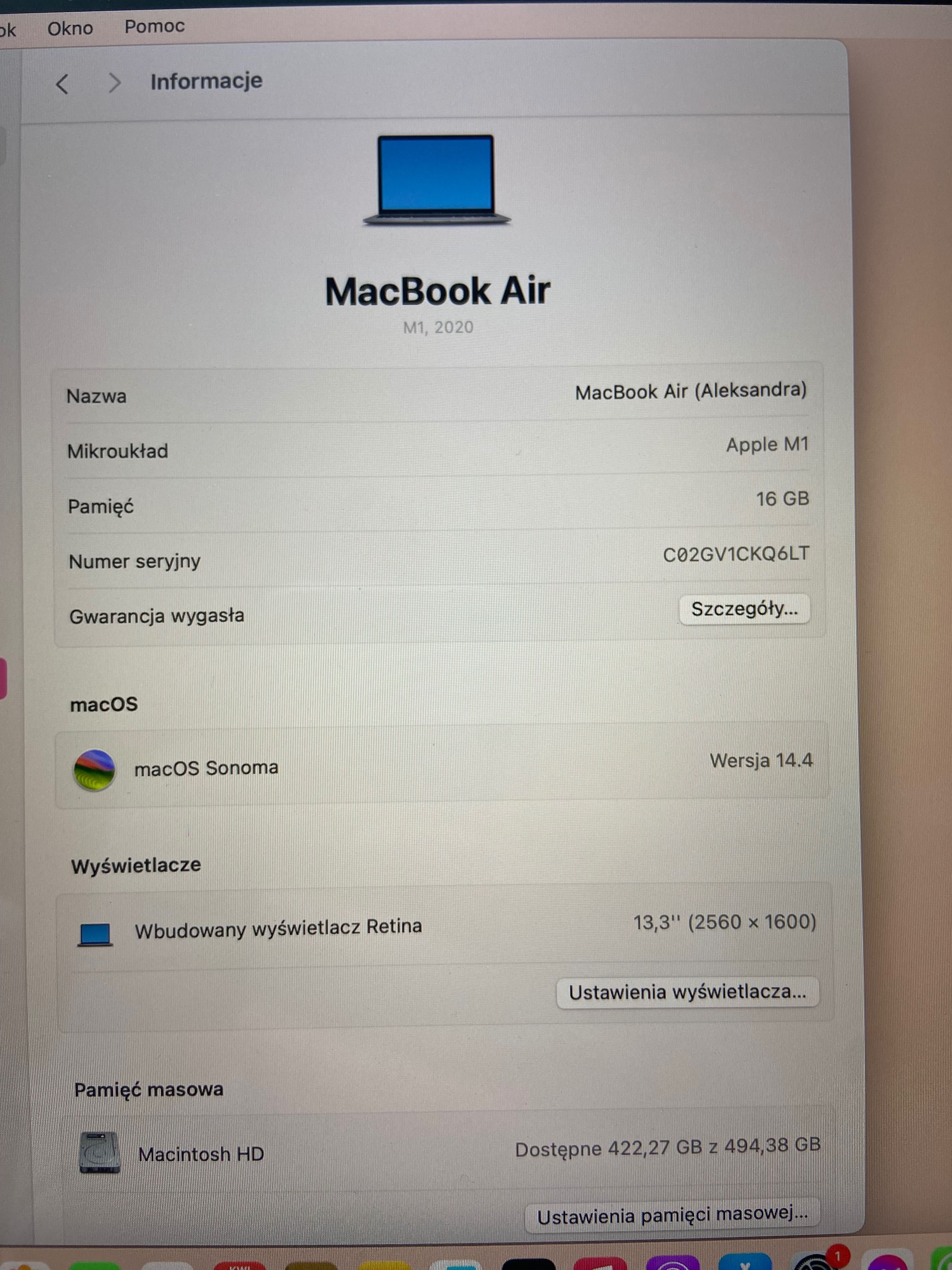 MacBook Air 13.3" Retina M1 16GB RAM 512GB SSD Gwiezdna szarość