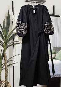 Длинное черное хлопковое платье на запах с вышивкой H&M, р. L/XL