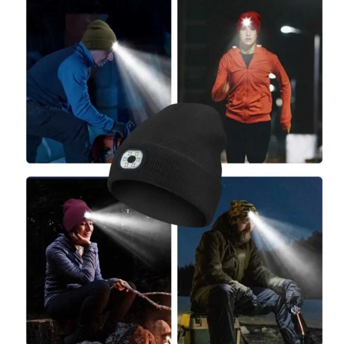 Ciepła czapka zimowa, ładowana na USB, latarka.