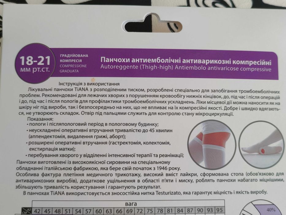 Чулки панчохи білі антиемболічні Tiana.140den,4розмір.пологи, операції