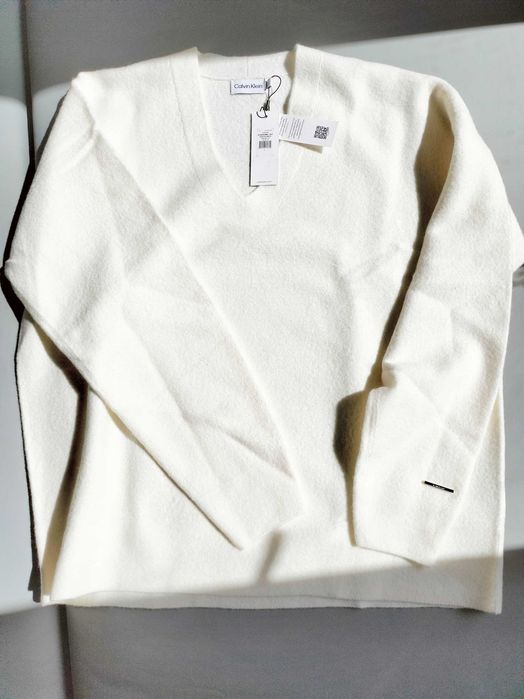Sweter Calvin Klein, ecru, NOWY z metką, wełniany, 100% wełny