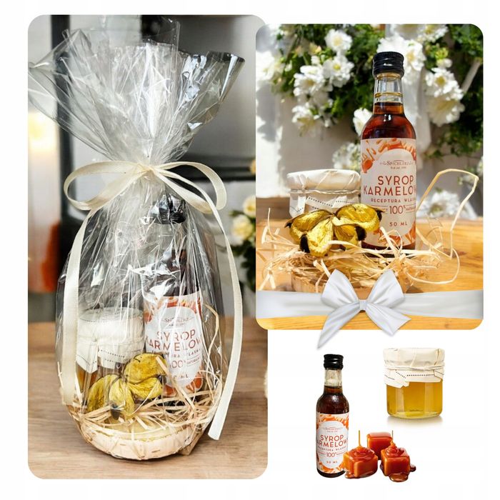 Koszyk na prezent kosze upominkowe z miodem i syropem słodki upominek