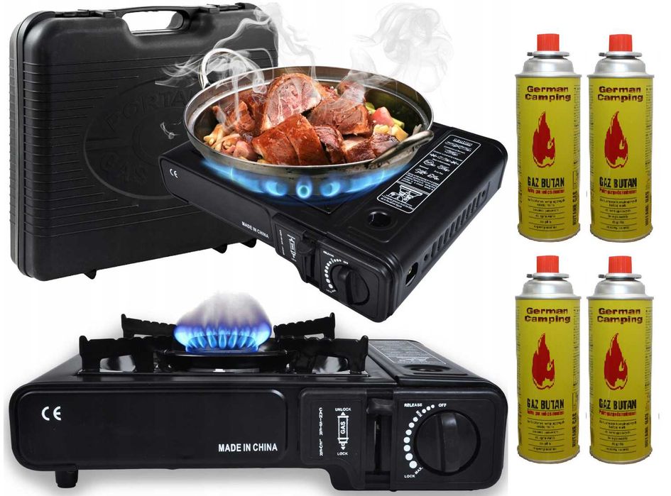 KUCHENKA GAZOWA turystyczna + 4 sztuki gaz kartusz walizka kartusze