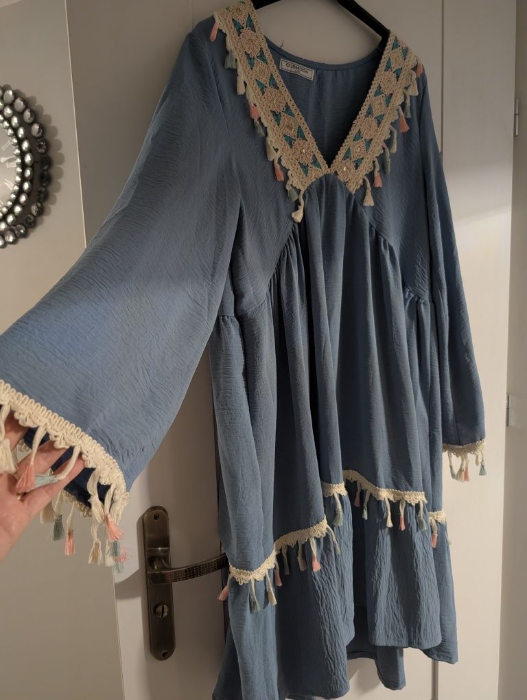 SUKIENKA oversize ciążowa BOHO niebieska NOWA