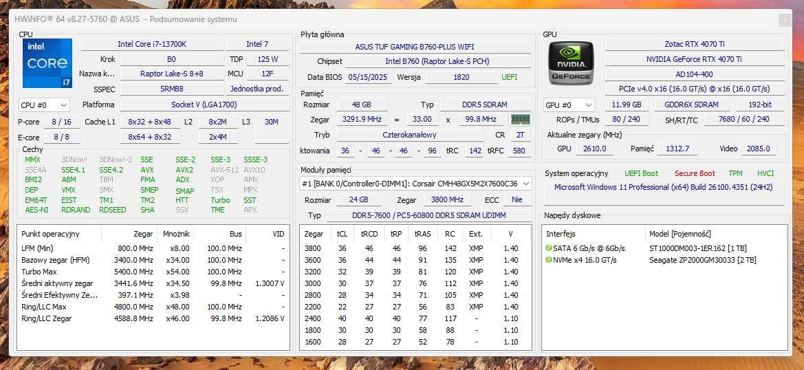 KOMPUTER i7-13700K 48GB DDR5 RTX 4070Ti 12GB SSD+HDD 850W WINDOWS 11