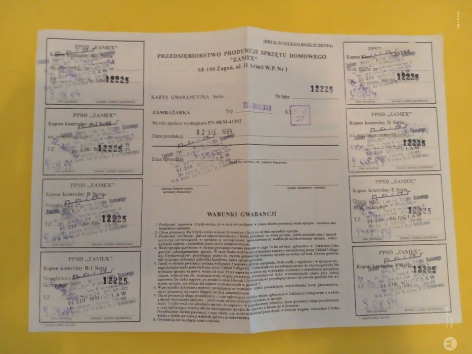 Sprzedam stary dokument Zamex Zamrażarka warunki gwarancji 1994 rok