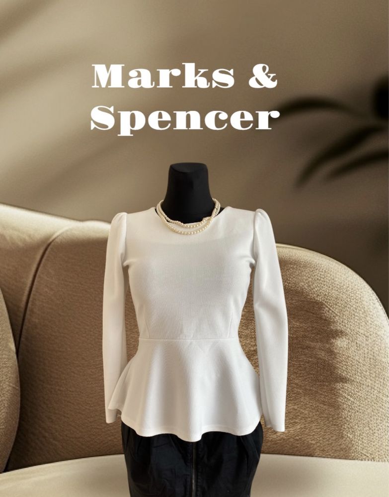 Biała bluzka koszula z baskinką Marks & Spencer bufiaste rękawy S M