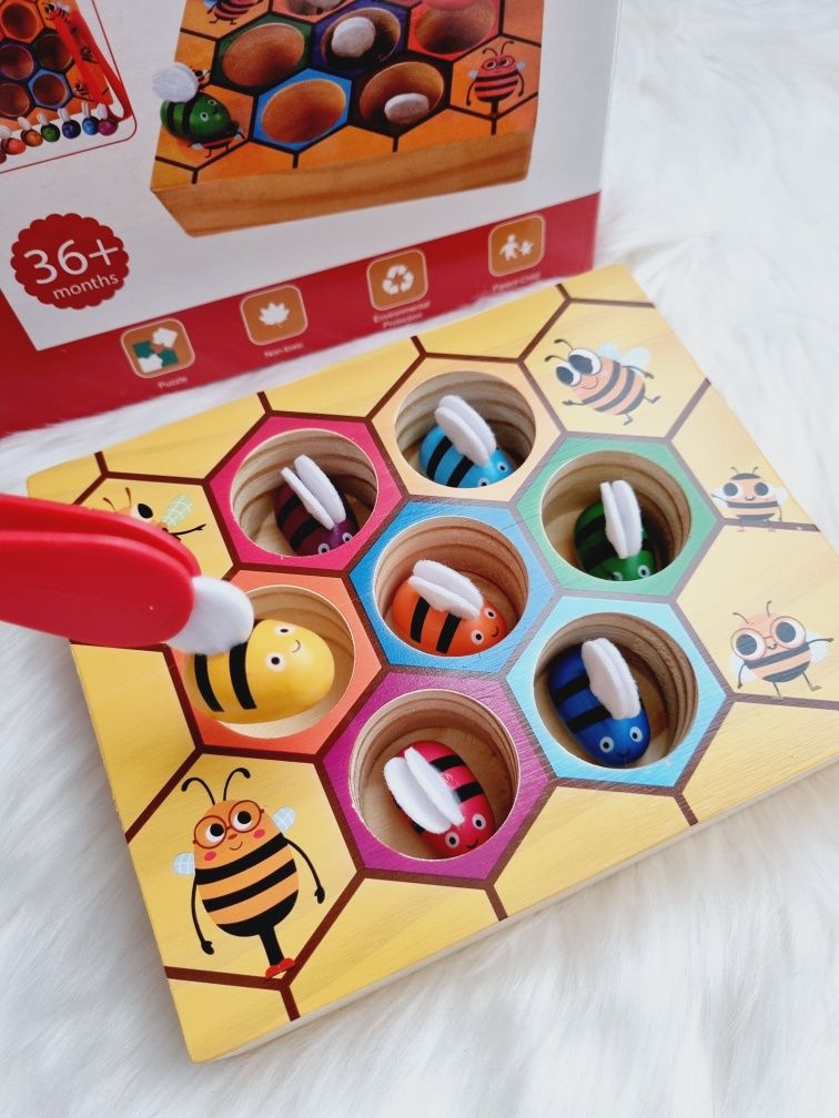 Gra edukacyjna plaster miodu + pszczółki + pęseta drewniana Montessori