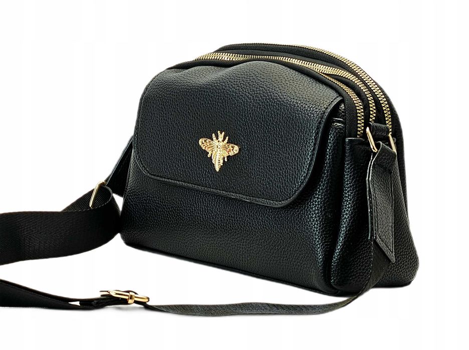 trzykomorowa torebka listonoszka damska czarna skórzana pszczółka