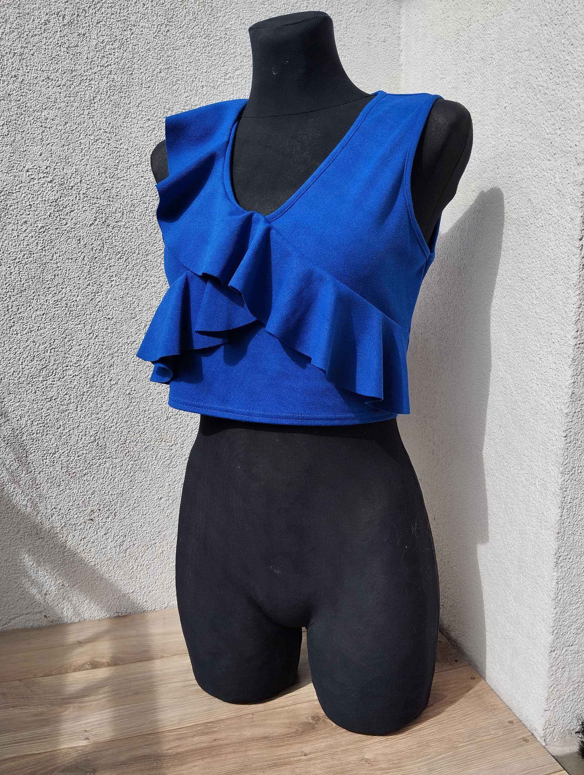 chabrowy crop top XL L M falbanki bez rękawów kobalt granat elastyczny