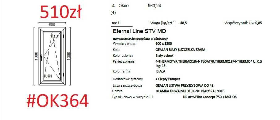 Okno 600x1300 Białe 3 szyby   #OK365, #OK366