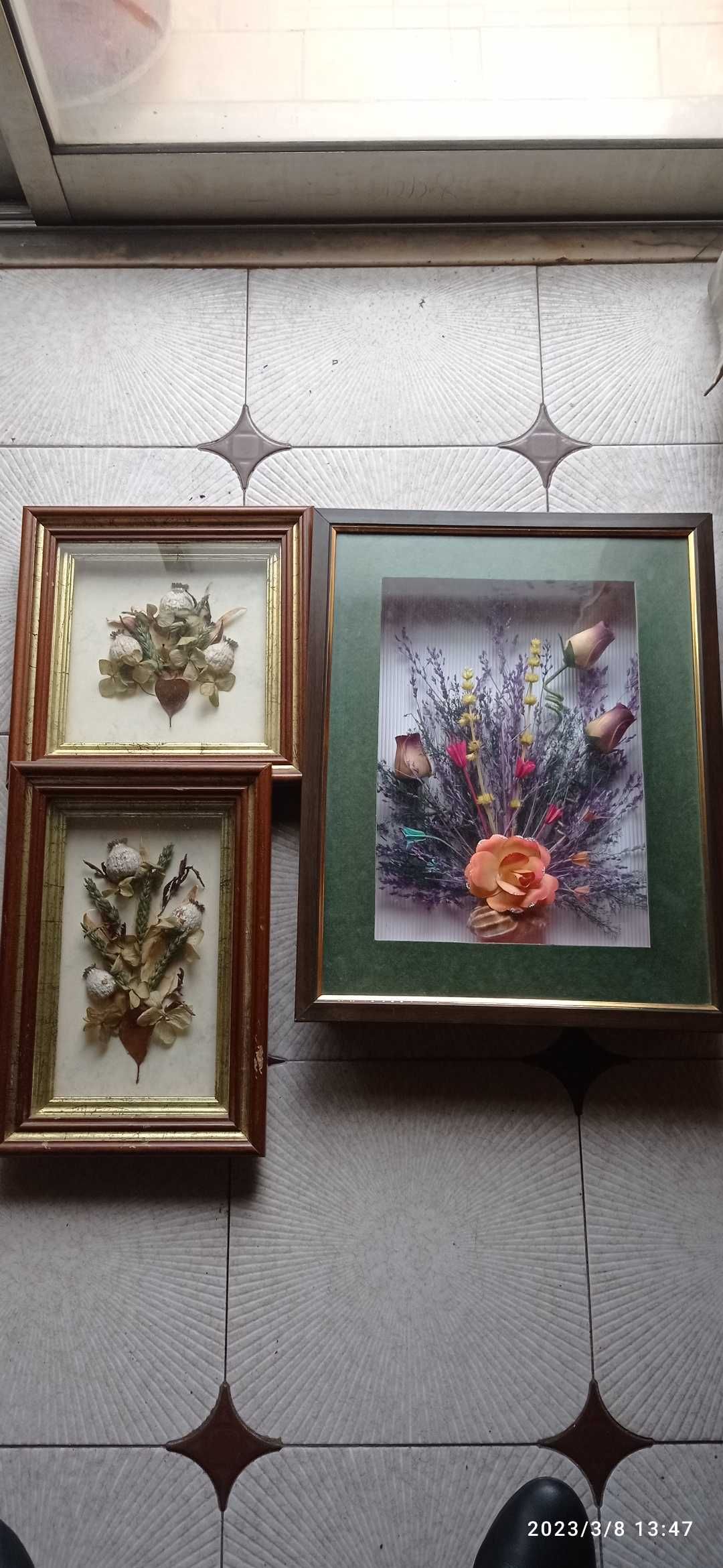 Quadros antigos com flores desidratadas