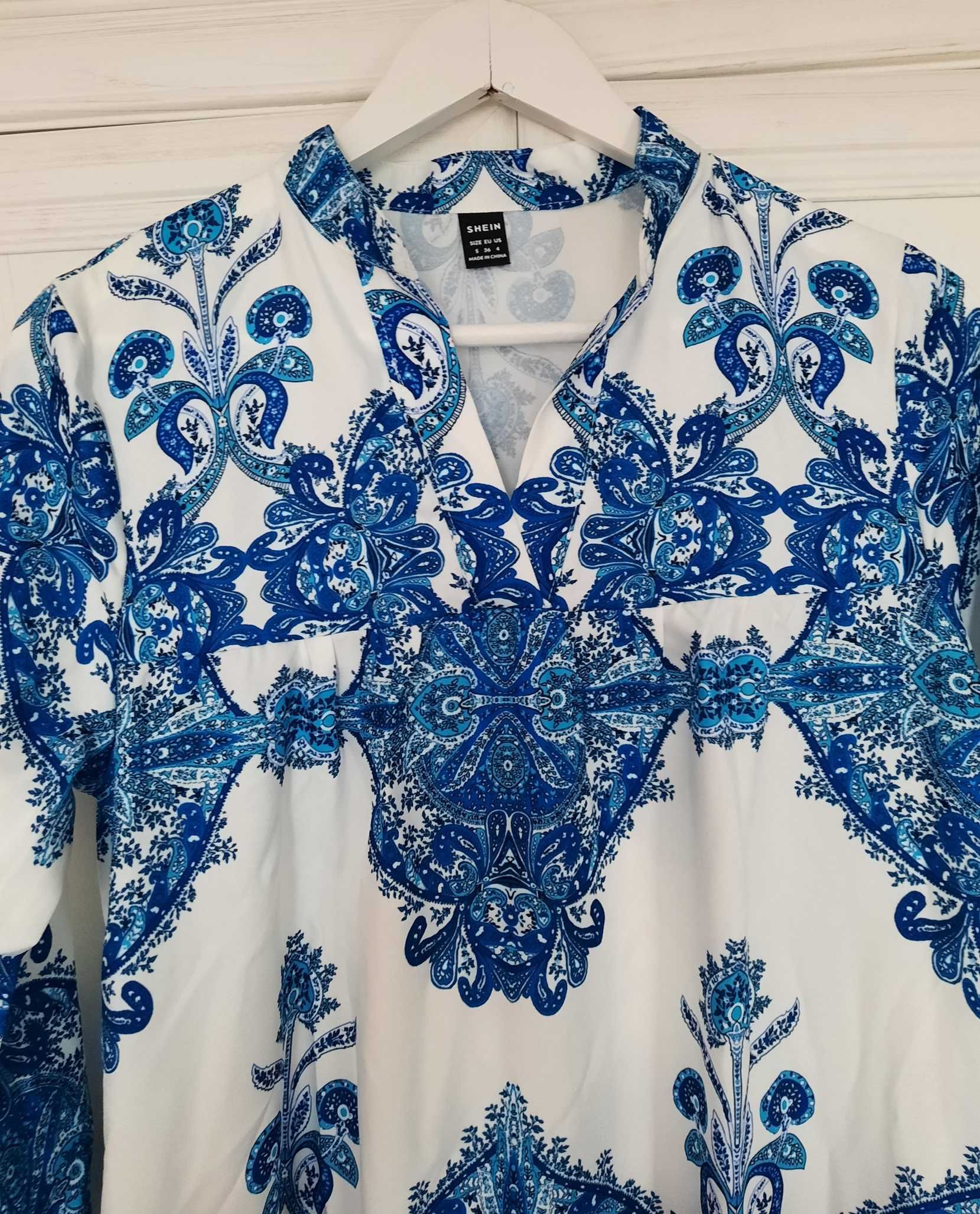 Shein nowa urocza boho wzór grecki midi sukienka biała niebieska S