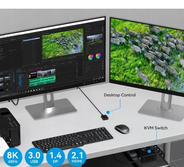 VPFCT KVM-перемикач на 2 монітори з 2 ПК USB 3.0 HDMI-сумісний 4K60Hz