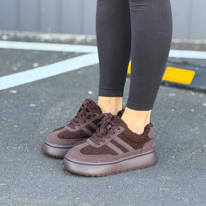 Жіночі кросівки з хутром (36–41) Шоколадні Замшеві Зимові
