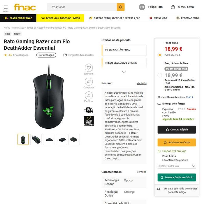 Rato Gaming Razer com Fio DeathAdder Essential