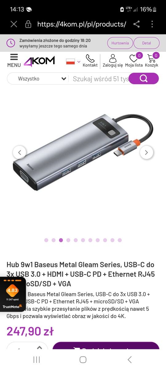 Hub 9w1 Baseus Metal Gleam Series, USB-C do 3x USB 3.0 + HDMI + USB-C