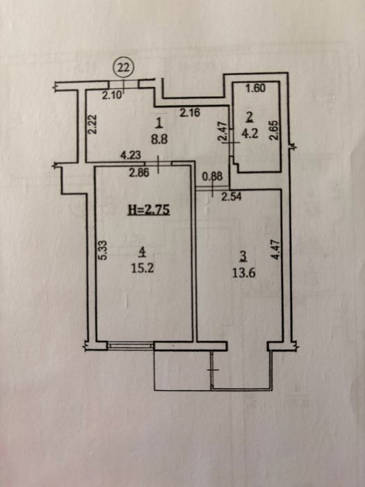 Продається 1 кімнатна квартира площа 42.3 м.к
