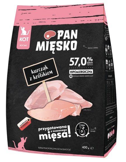 Hipoalergiczna karma dla kociąt - kurczak i królik Pan Mięsko XS 400g