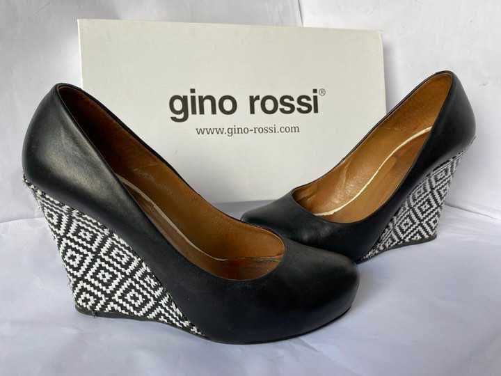 GINO ROSSI 38 skórzane szpilki NA koturnie 10,5cm czarne skóra wkł25cm