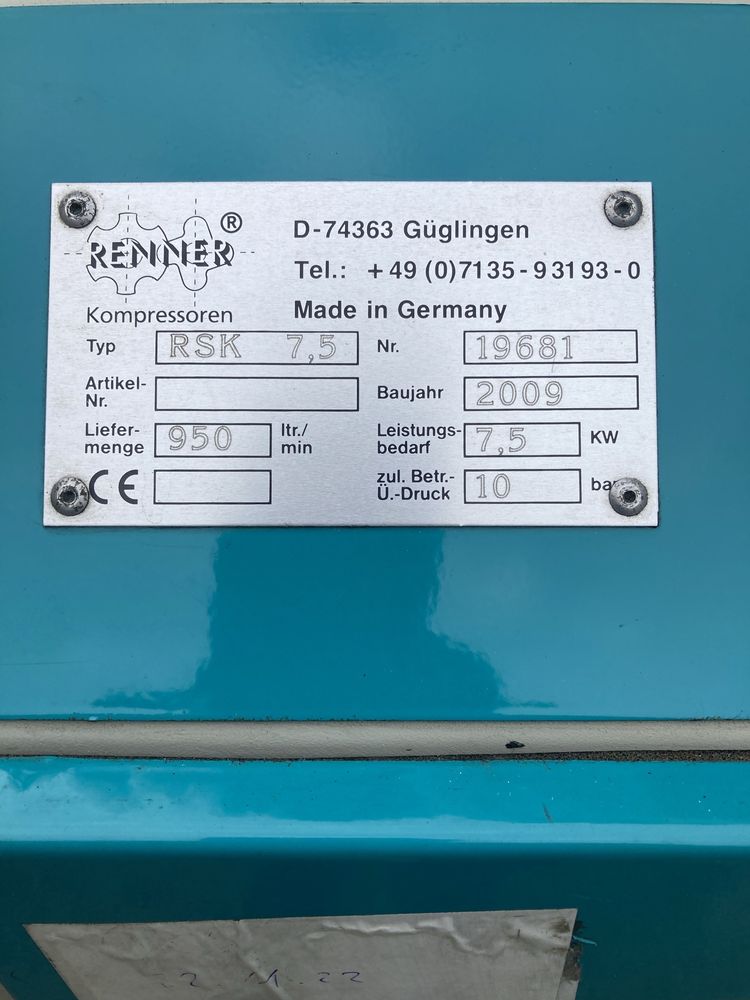 Kompresor śrubowy Renner 7,5kw Osuszacz 950l/min +zbiornik