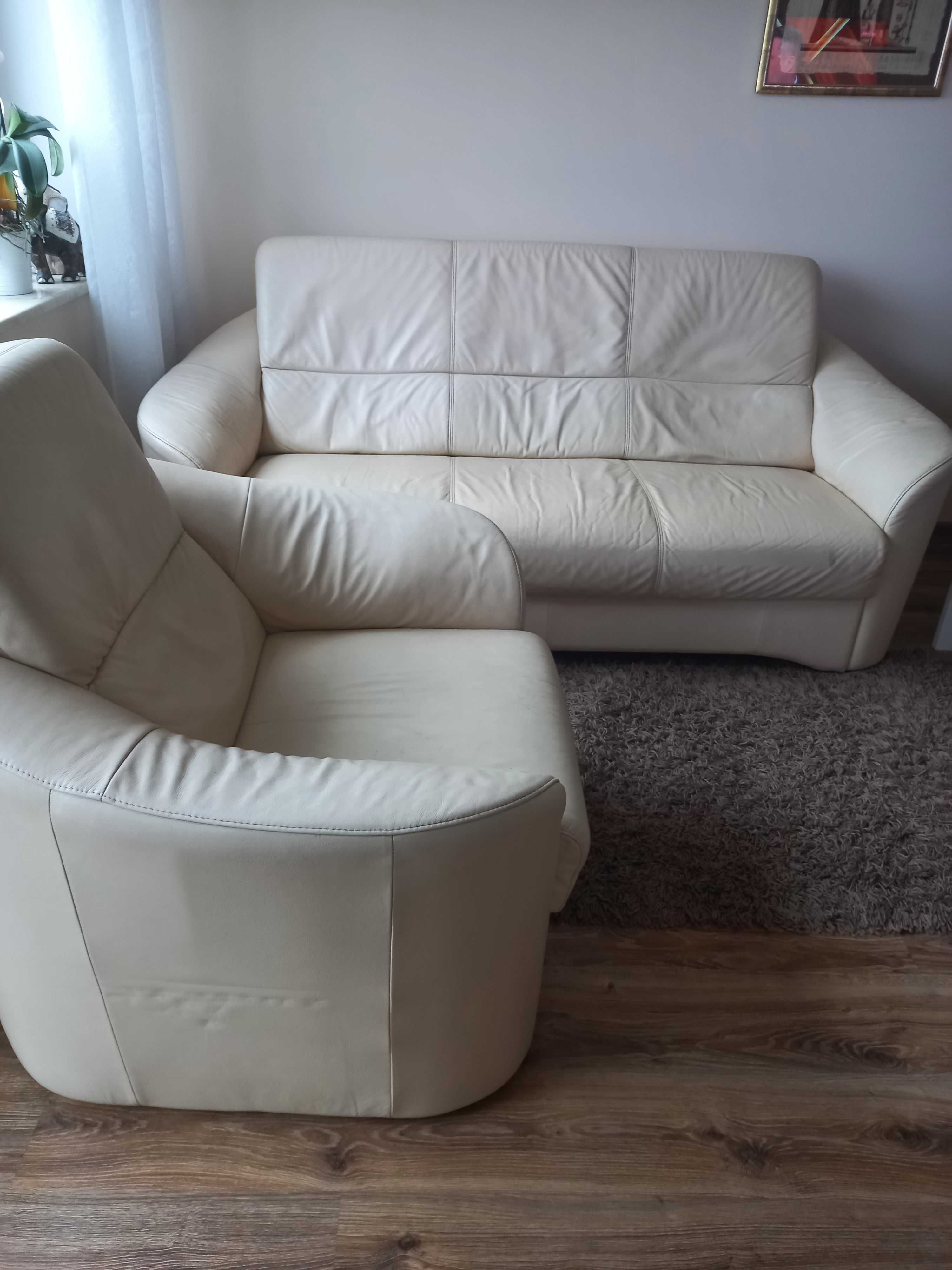 Komplet sofa z funkcją spania i fotel ze skóry naturalnej