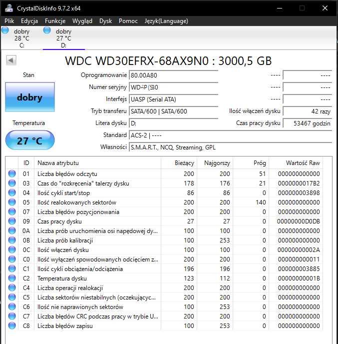 WD RED 3TB Dysk HDD - SMART-OK NAS Serwer CCTV 100% sprawny