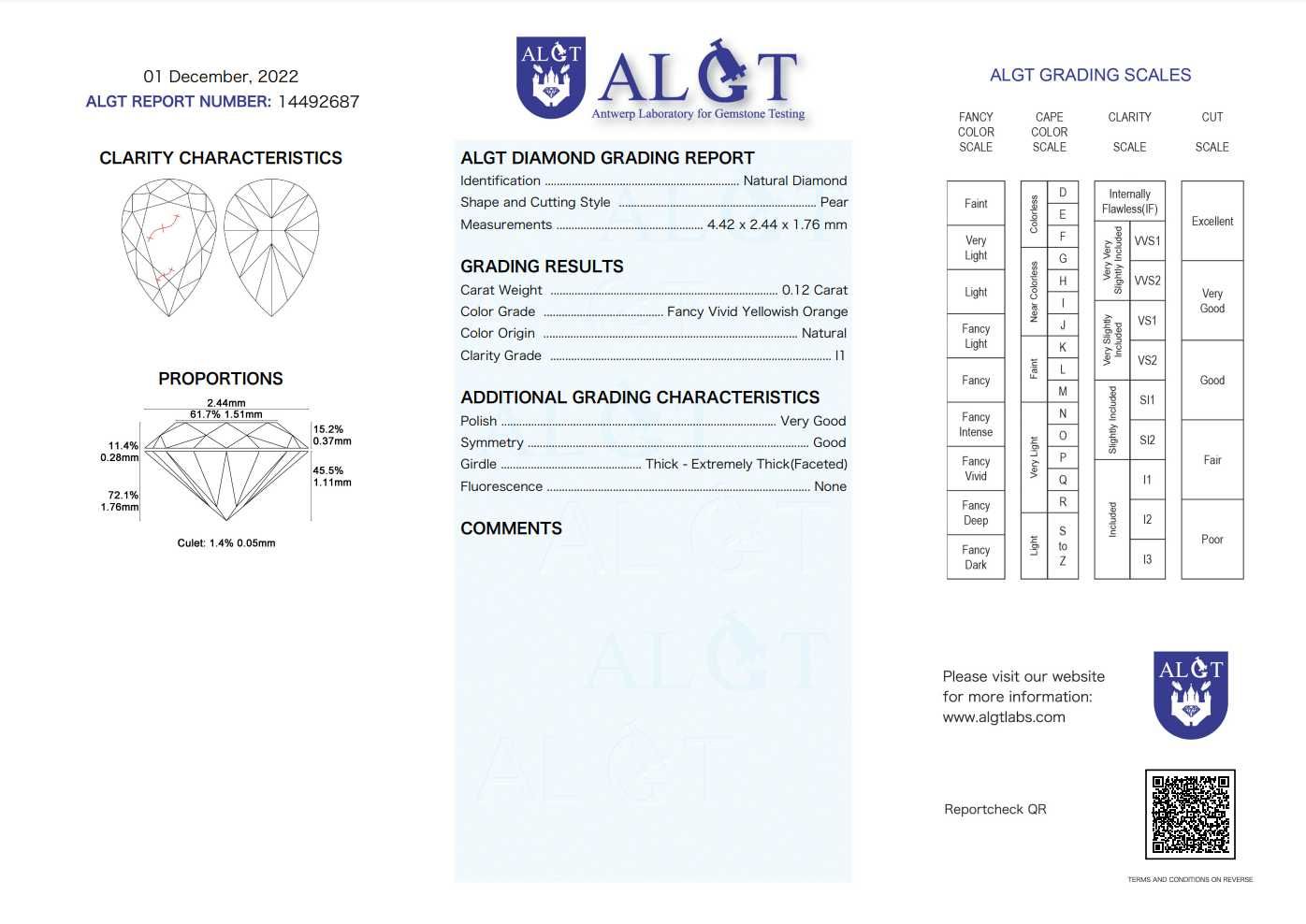 Naturalny Diament 0.12ct Pomarańczowy Łezka I1 Certyfikat ALGT