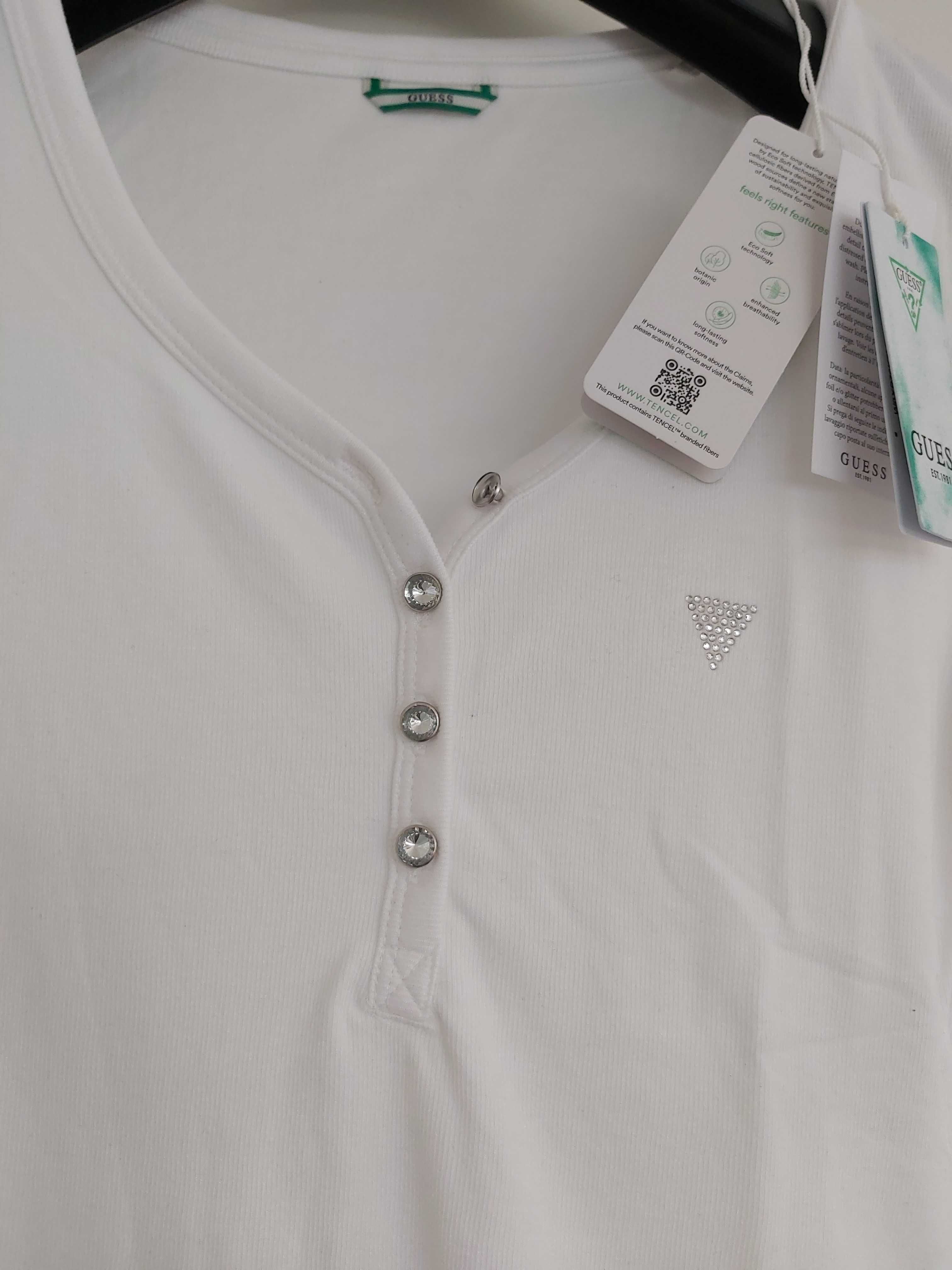 NOWY biały tshirt GUESS podkoszulek S cyrkonie TENCEL oddychajacy HIT