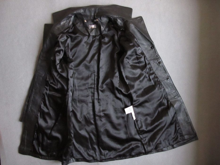 172 cm M 38-40 skóra taliowany czarny damski płaszcz skórzany jak nowy