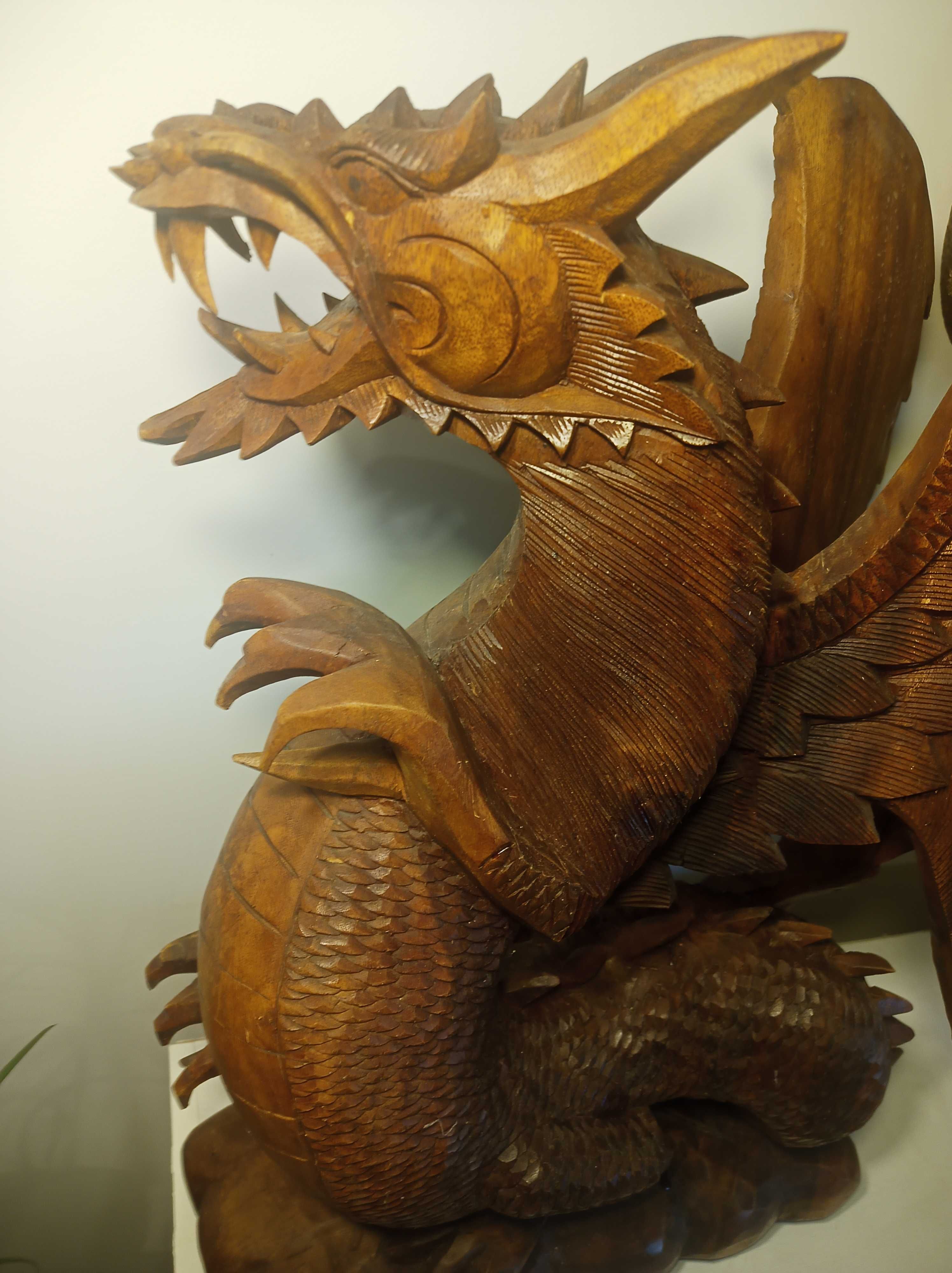Wielki drewniany Smok, rzeźba rękodzieło 63 x 40cm Figura Smoka XXL
