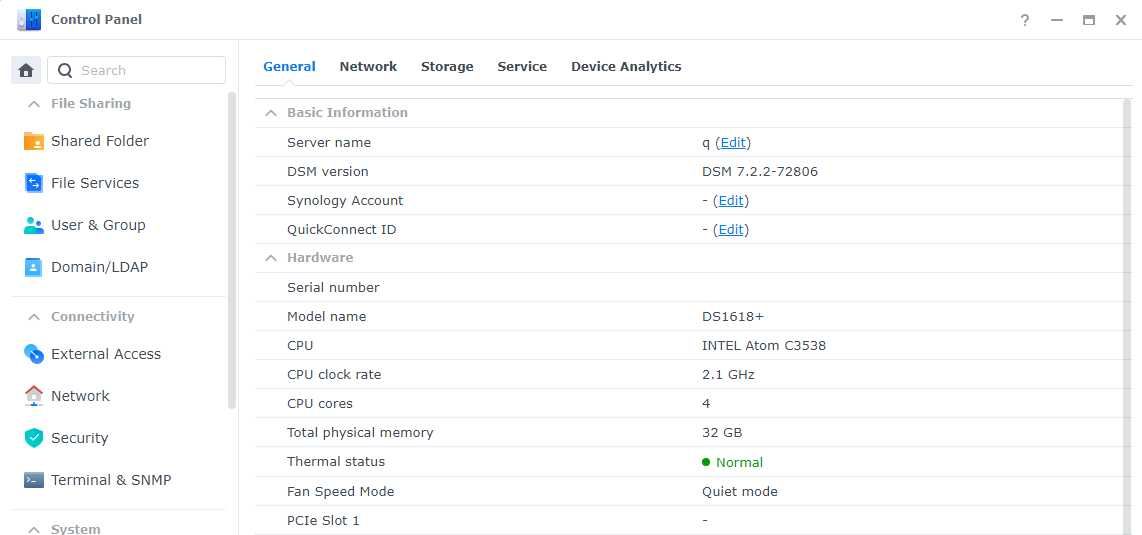 Synology DS1618+ 32GB RAM, PCI-ex (Quad Core Intel CPU) DSM 7.2.2