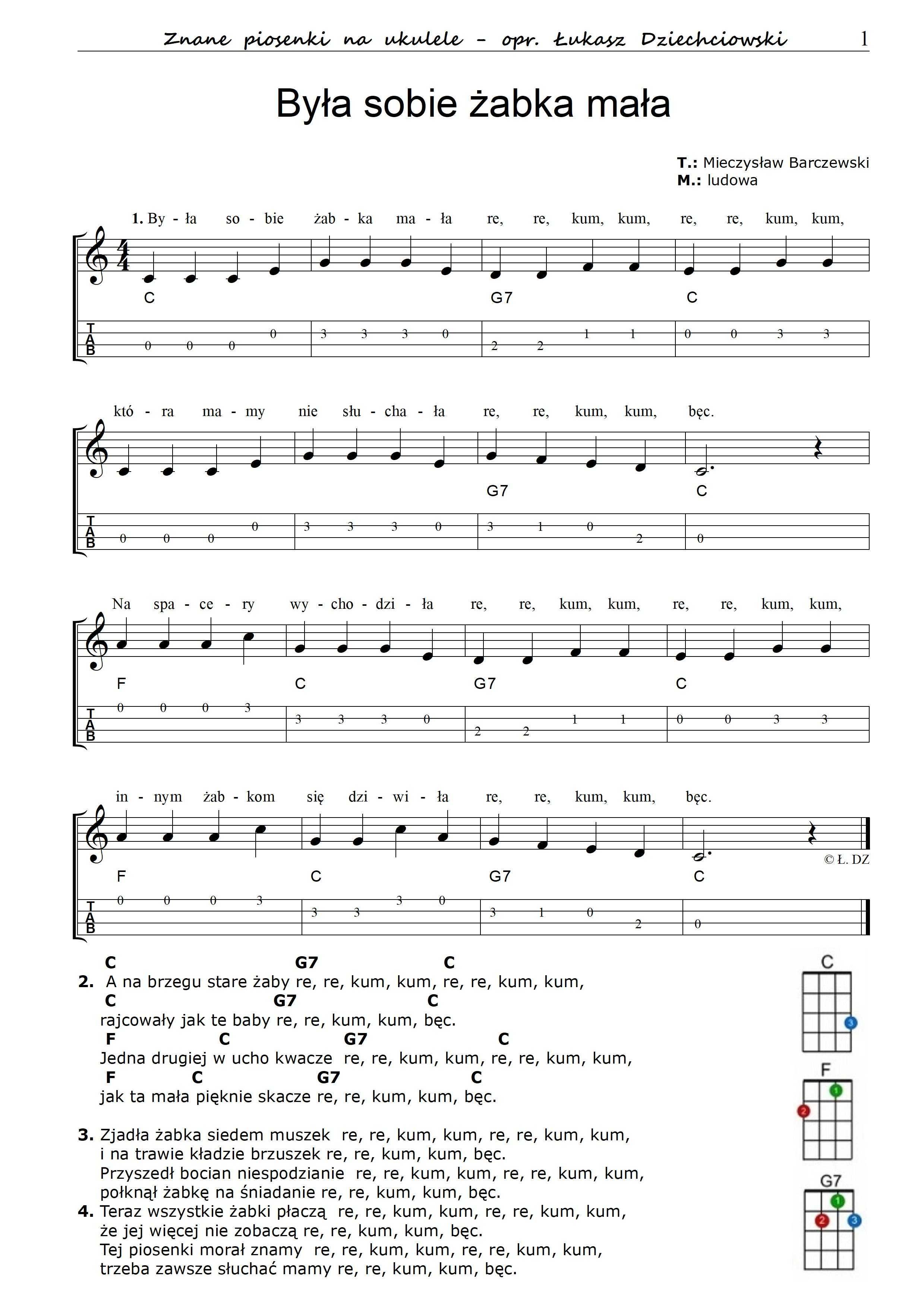 Piosenki na ukulele - nuty 31 piosenek, tabulatura, słowa, mp3, nowe