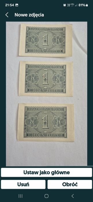 3 banknoty 1zl 1941 kolejne nr serii