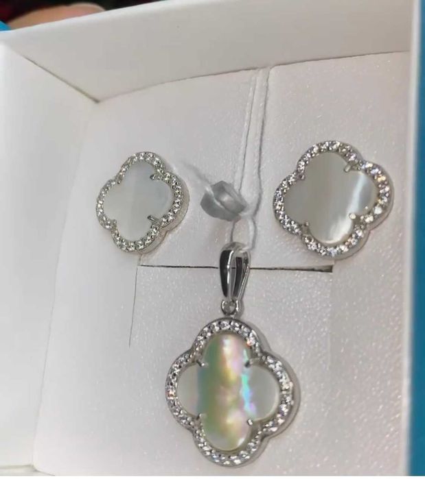 Срібні сережки комплект Van Cleef з перламутром  925 проба Ван Клиф