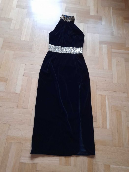 Sukienka welurowa czarna, długa, ze złotymi dodatkami, rozmiar 40