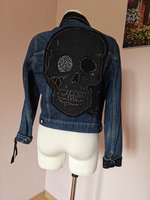 Kurtka ramoneska jeansowa dżinsowa narzutka cyrkonie koronkowa 38 M