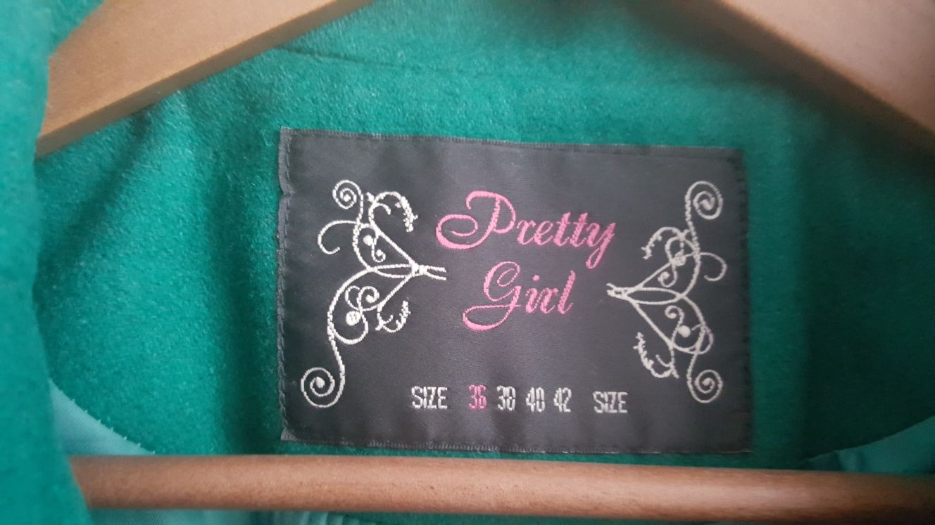 PRETTY GIRL butelkowa zieleń welniany płaszcz r.36 S mega  okazja