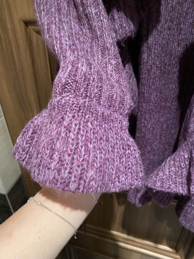 Sweter fiolet długi ciepły gruby zimowy wiązany fioletowy
