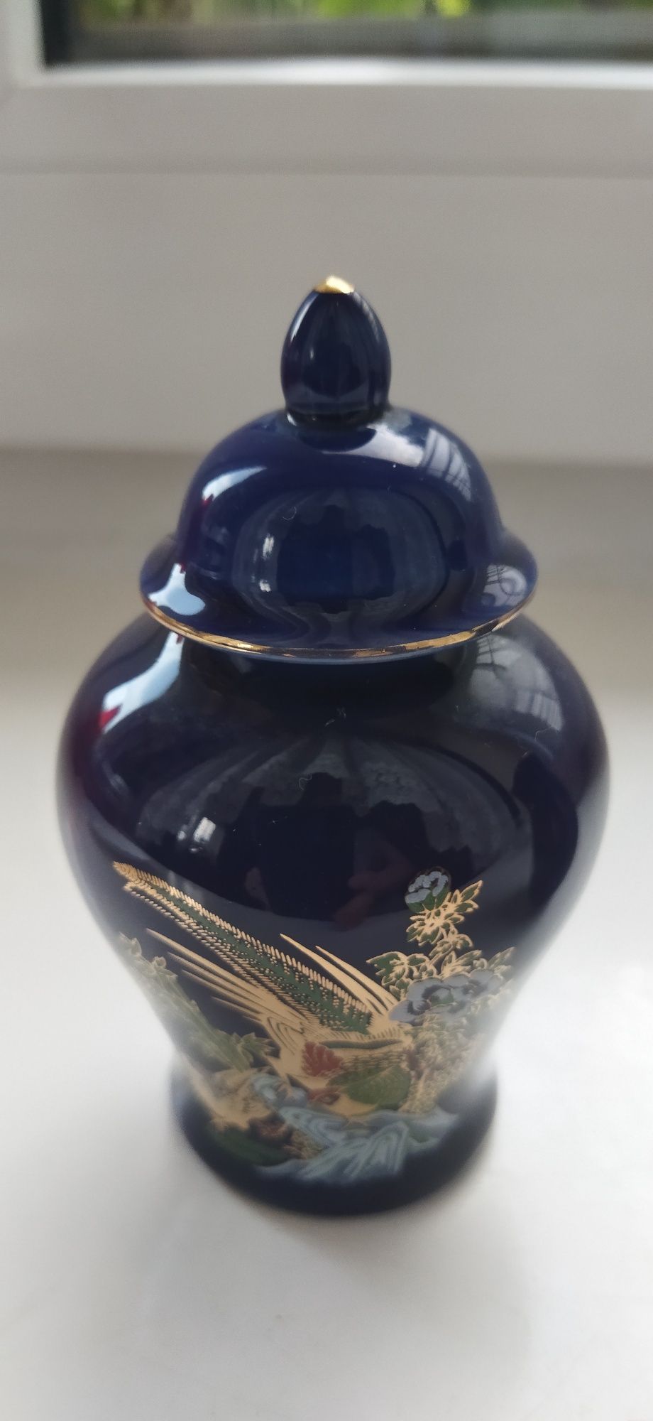 Japońska dekoracyjna mała urna i wazonik - porcelana, kobalt