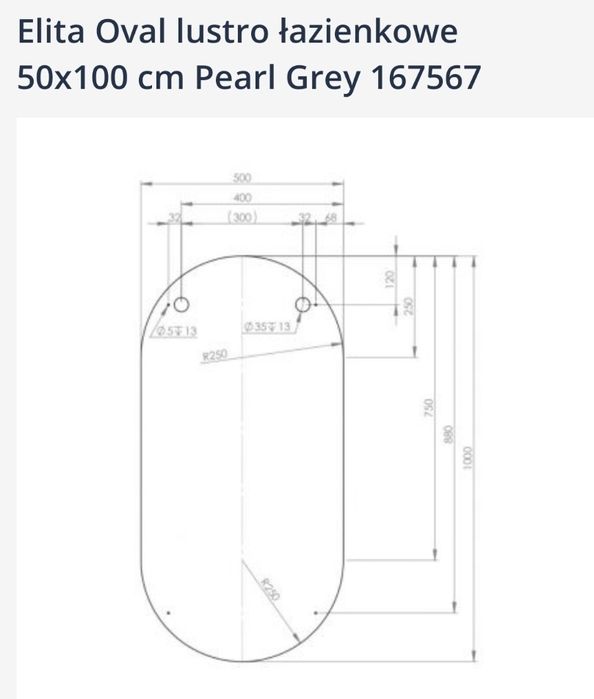 LUSTRO Łazienkowe Elita Oval 50x100 cm Pearl Grey