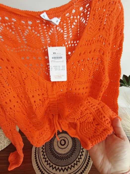 Pomarańczowy ażurowy sweterek ze ściągaczem na lato XS S nowy