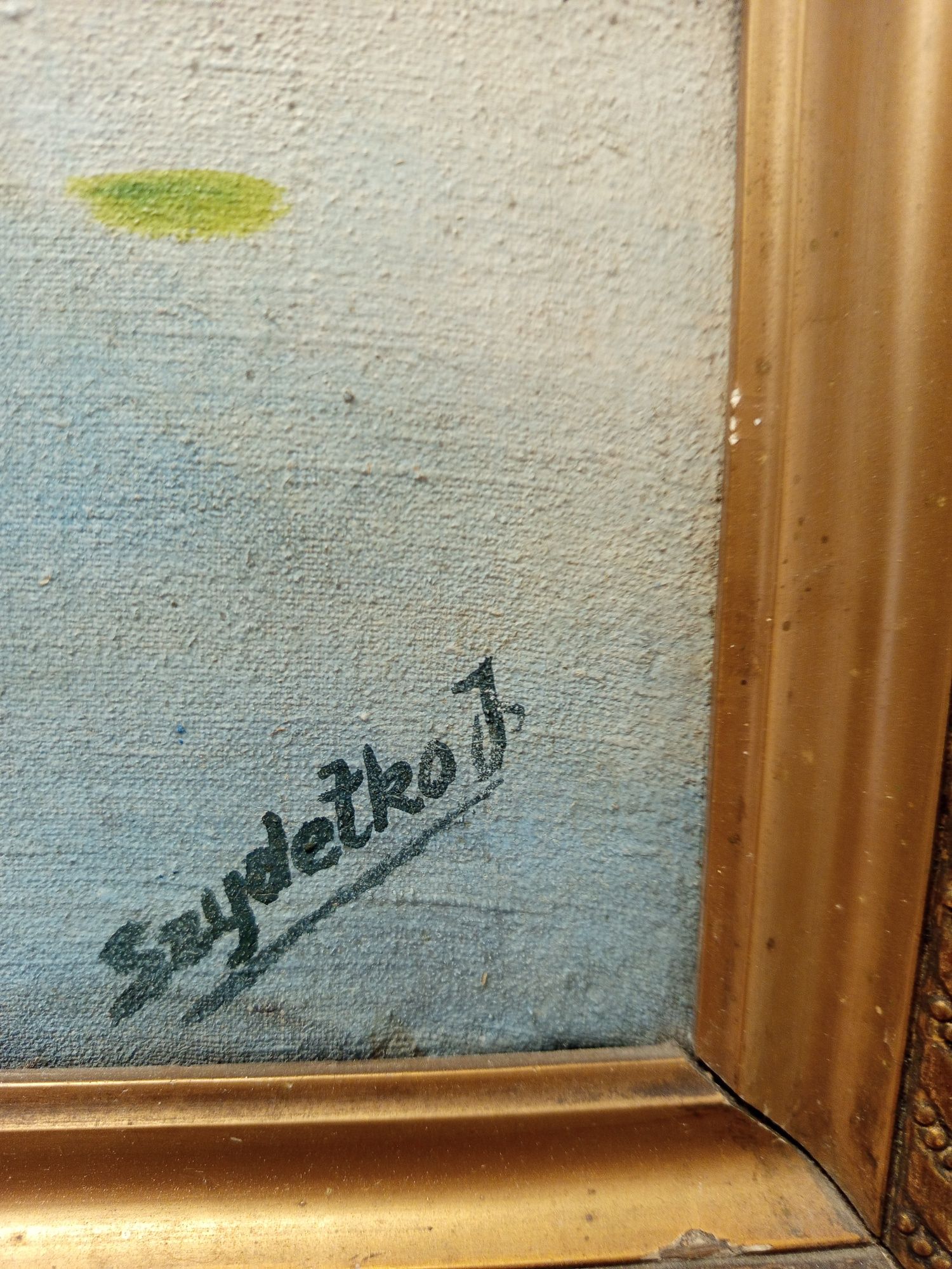 Duży, stary obraz malowany na płótnie J. Szydełko