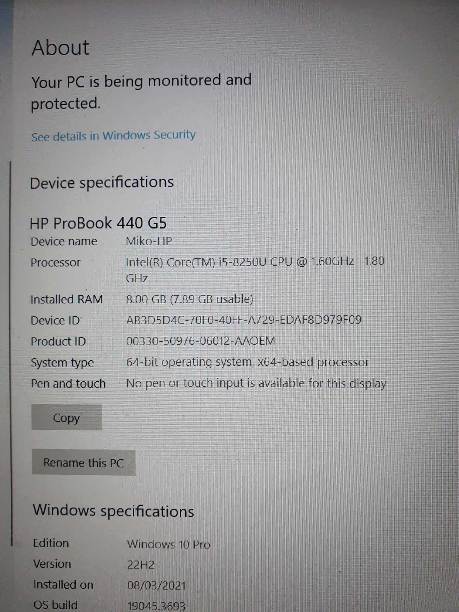 HP Probook 440 G5 256 SSD 14` Intel Core i5 8250U 8 GB WIn10 POZNAŃ