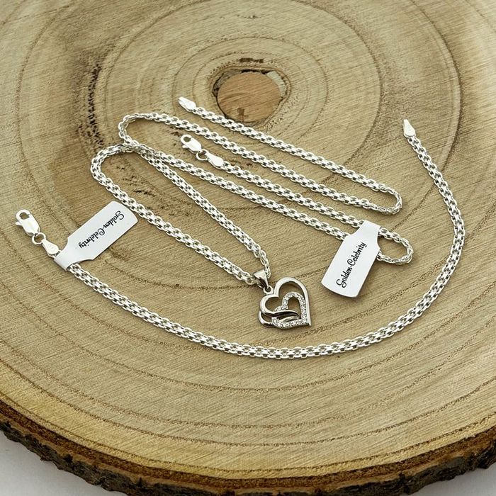 Srebrna Biżuteria Damska, Łańcuszek Z Serduszkiem + Bransoletka - Bism